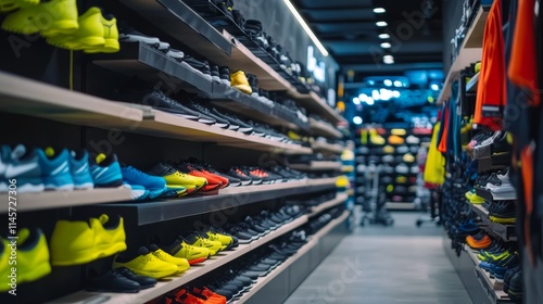 A vibrant display of athletic shoes in a retail store showcasing various styles and colors.