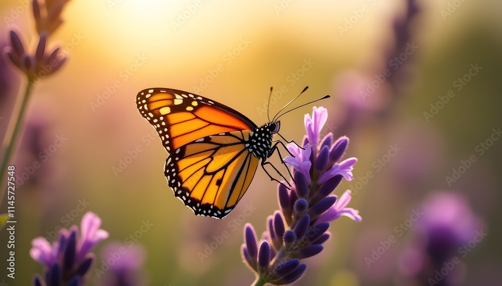Naklejka premium Monarch Butterfly on Lavender at Sunset Nature Photography