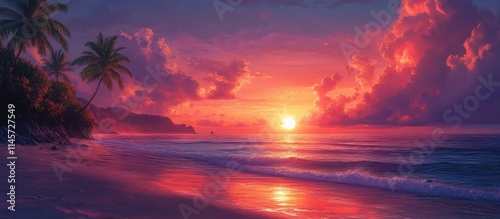 Tranquil Beach Sunset with Vibrant Colors and Serene Ocean Reflections Against a Tropical Landscape