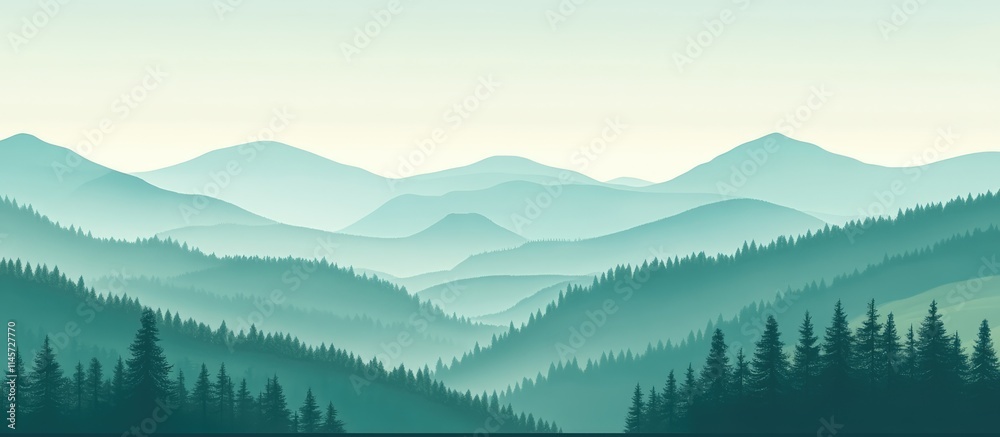 Obraz premium Serene mountain landscape with layered hills and tranquil forests in soft green hues creating a peaceful natural atmosphere.