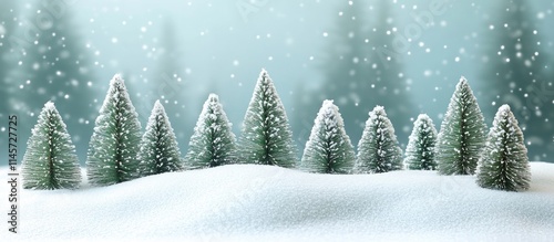 Winter Wonderland Holiday Scene with Snowy Bottle Brush Trees in a Serene Background Ideal for Festive Concept and Seasonal Decorations