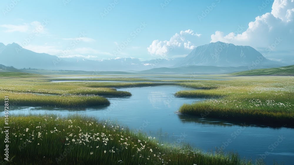 Obraz premium Serene Marshlands with River and Mountains under Clear Blue Sky in Lush Green Landscape