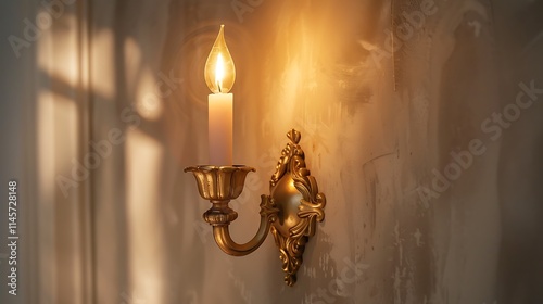 An elegant gold candle sconce with a lit candle, casting warm light on a smooth white wall.