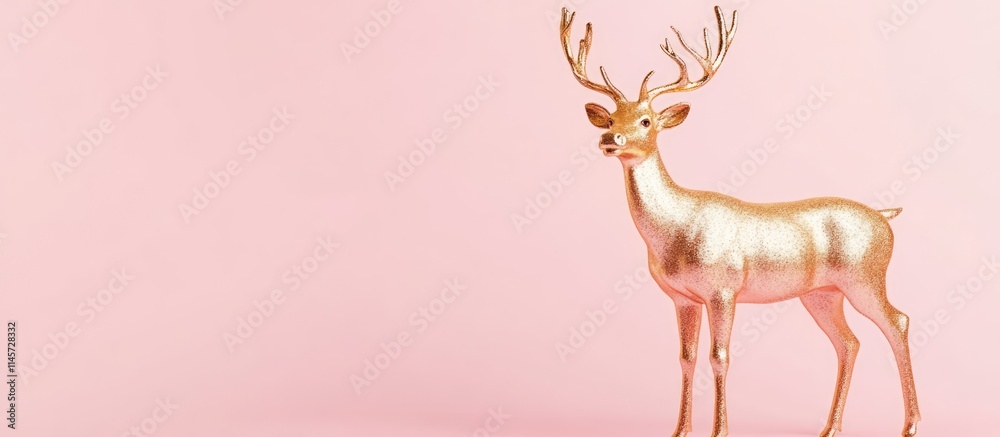 Fototapeta premium Golden reindeer figurine on soft pink background perfect for festive decor and holiday season themes