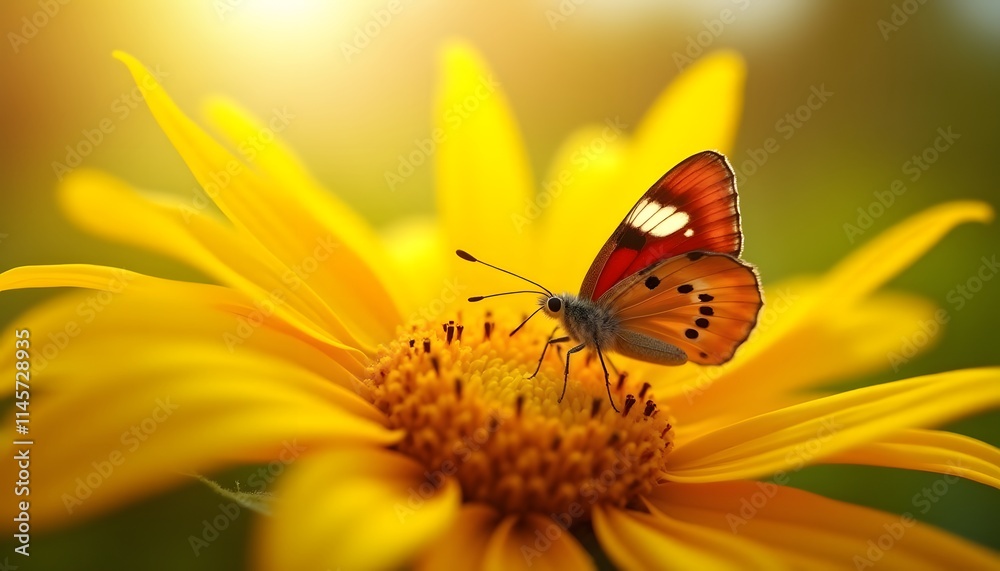Beautiful Butterfly on Bright Yellow Flower Summer Nature Beautiful Butterfly on Bright Yellow Flower Summer Nature
