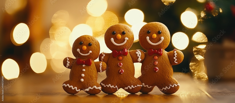 Fototapeta premium Cheerful family of gingerbread men in festive setting with Christmas lights creating a warm holiday atmosphere