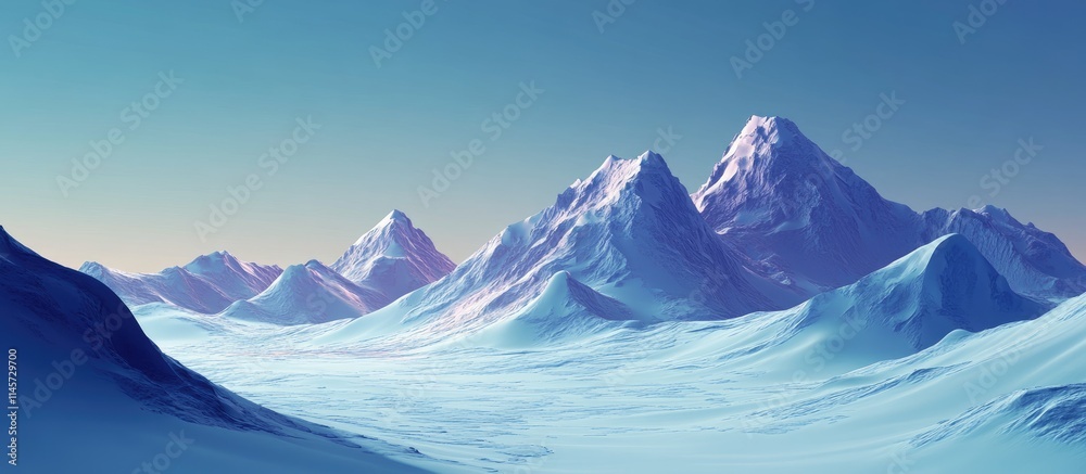 Winter landscape of majestic snow-covered mountain range with clear blue sky and serene atmosphere showcasing natural beauty and tranquility