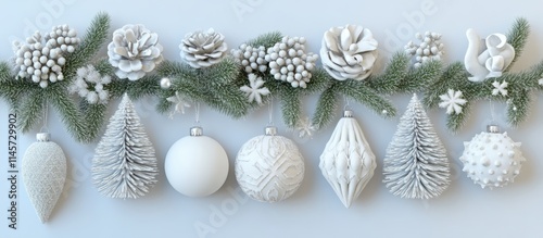 Elegant white Christmas decorations with pinecones and ornaments arranged on a light background for a festive seasonal backdrop.
