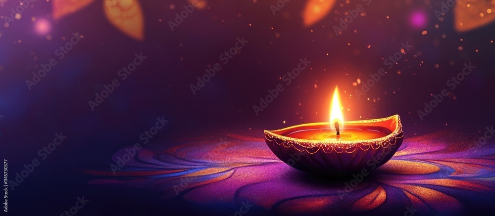 Glowing diya lamp on colorful rangoli background celebrating Diwali festival of lights and traditions in a serene atmosphere. Glowing diya lamp on colorful rangoli background celebrating Diwali festival of lights and traditions in a serene atmosphere.