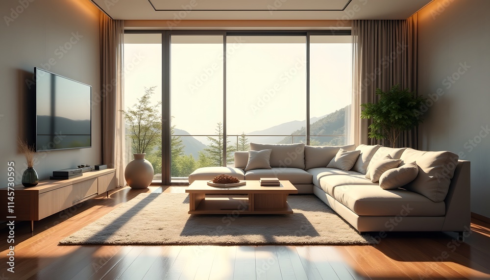Fototapeta premium Modern Living Room Interior Design Mountain View Beige Sofa Cozy Home Decor