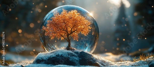 Enchanted autumn tree within a crystal snow globe capturing whimsical nature and serene beauty in a magical winter landscape