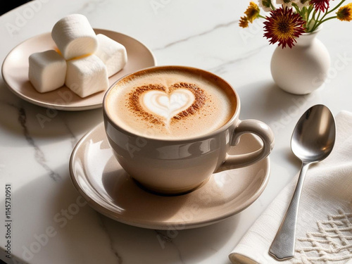 Cup of coffee on the table with marshmallow dessert photo