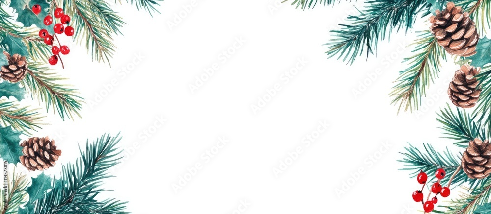 Winter foliage border with fir and spruce branches, pine cones, and red holly berries on a bright white background for seasonal designs Winter foliage border with fir and spruce branches, pine cones, and red holly berries on a bright white background for seasonal designs