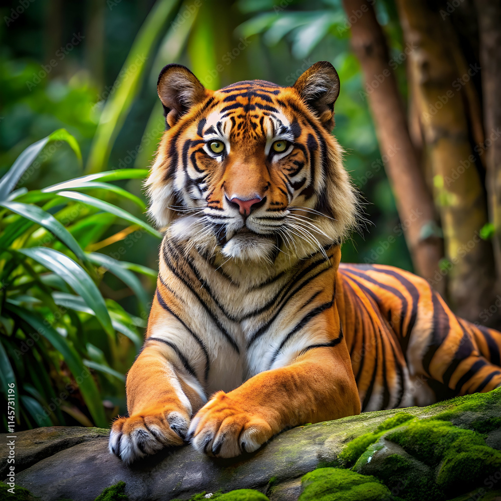 Malayan tiger laying in the forest showcasing Malayan tiger laying in the forest showcasing