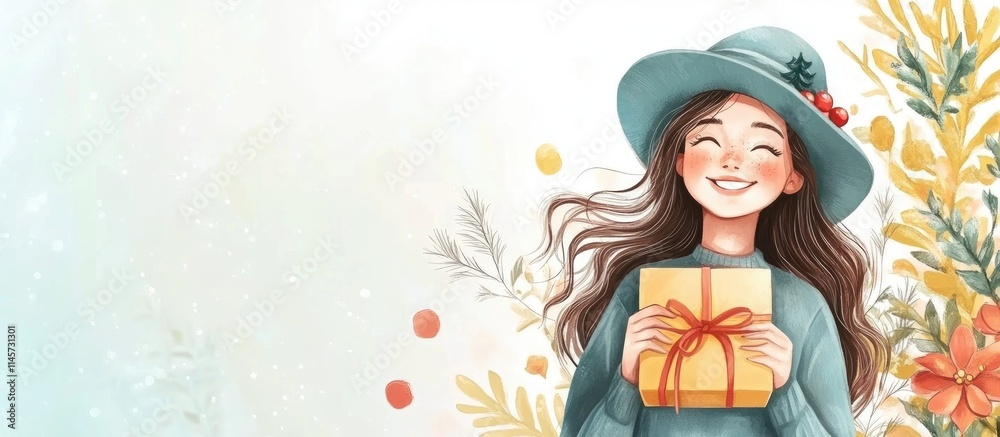 Cheerful girl wearing a hat holding a gift box dreaming about a holiday surrounded by floral elements and soft pastel colors Cheerful girl wearing a hat holding a gift box dreaming about a holiday surrounded by floral elements and soft pastel colors