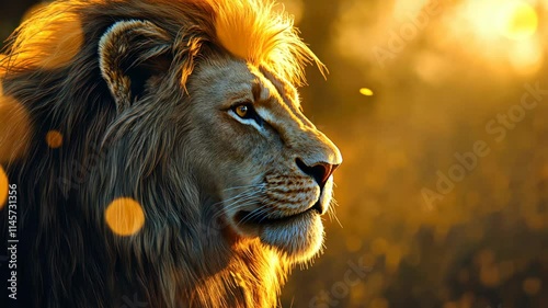 A majestic lion in profile, illuminated by warm sunlight, exuding strength and grace.