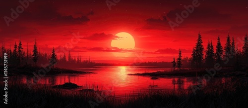 Vibrant red sunset over tranquil waters surrounded by silhouetted trees creating a serene natural landscape scene