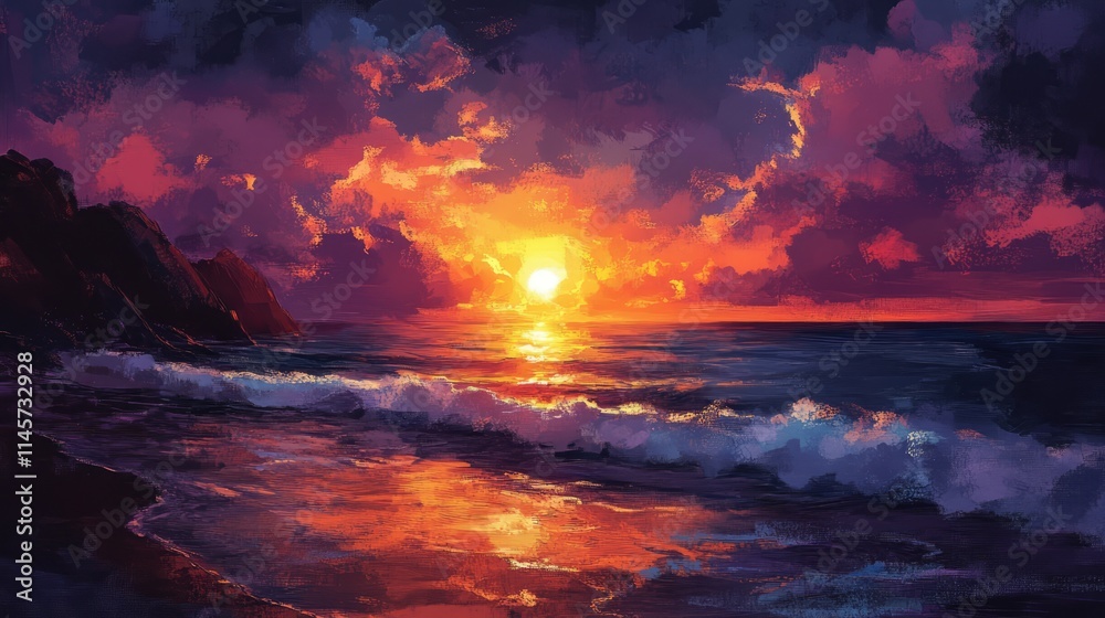 Vibrant sunset over tranquil sea with colorful sky reflecting on water creating a serene and picturesque coastal landscape. Vibrant sunset over tranquil sea with colorful sky reflecting on water creating a serene and picturesque coastal landscape.
