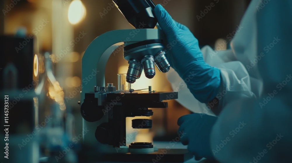 Healthcare and medicine concept, Close Up Scientist using microscope in laboratory room while making medical testing and research Healthcare and medicine concept, Close Up Scientist using microscope in laboratory room while making medical testing and research