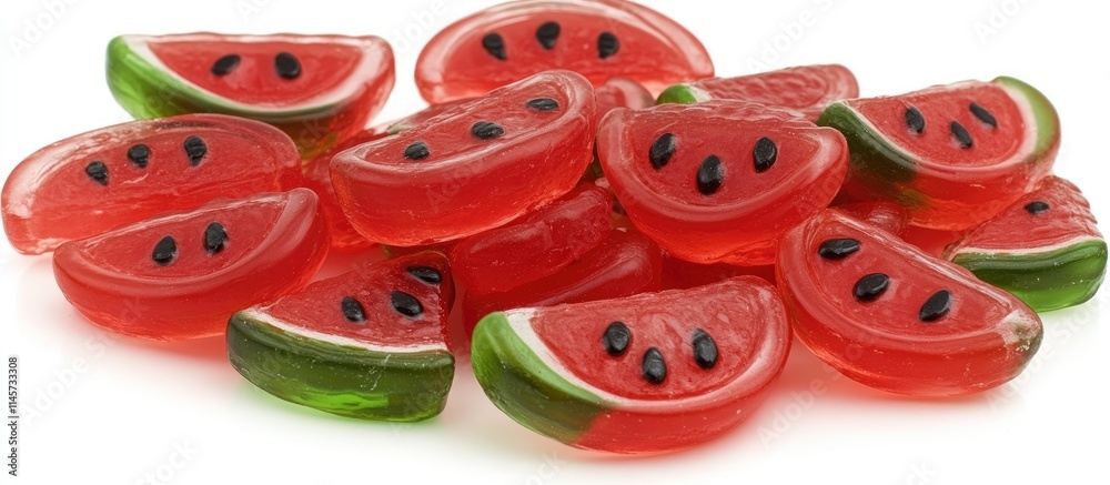 Vibrant watermelon flavored gummy jello candy slices arranged artistically on a clean white background for sweet treat visuals Vibrant watermelon flavored gummy jello candy slices arranged artistically on a clean white background for sweet treat visuals