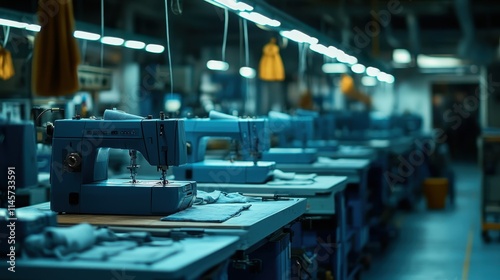 Row of industrial sewing machines in factory. Perfect for illustrating manufacturing, production, or textile industry concepts.