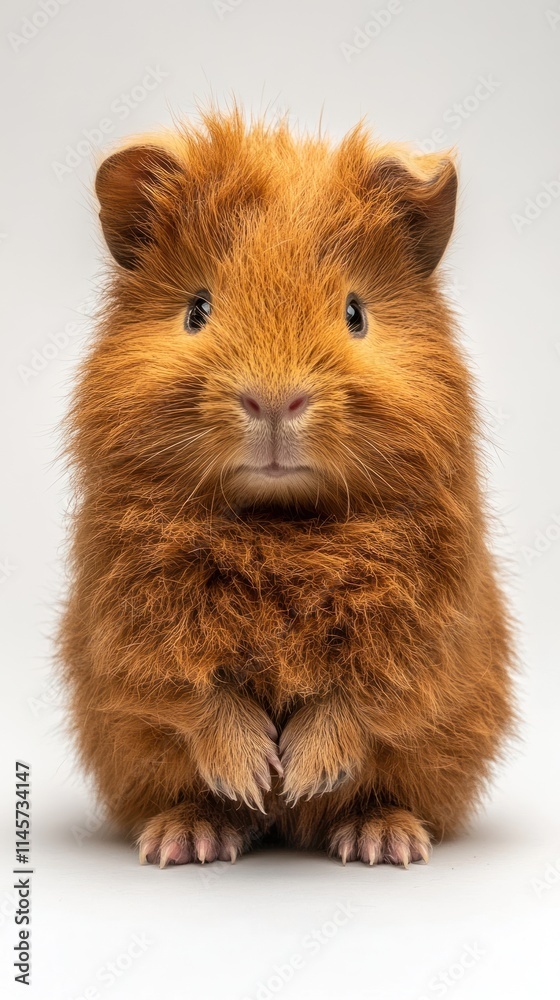 A cute, fluffy orange guinea pig standing upright against a neutral background.