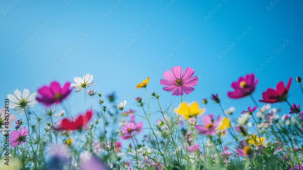 A field of wildflowers in various colors under a clear blue sky, low-angle shot, Wild beauty style A field of wildflowers in various colors under a clear blue sky, low-angle shot, Wild beauty style
