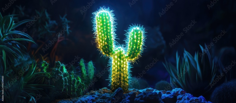 Fototapeta premium Cactus glowing with vibrant LED lights in a dark environment showcasing a striking visual contrast and modern aesthetics