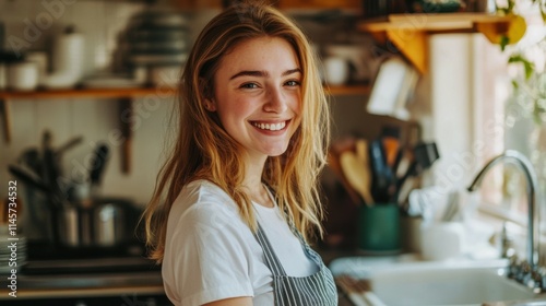 Smiling young white woman putting dishes in the dishwasher at home