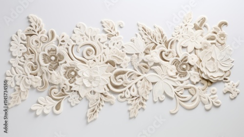 Elegant decorative appliques arranged artistically on a clean white background showcasing intricate floral and leaf designs