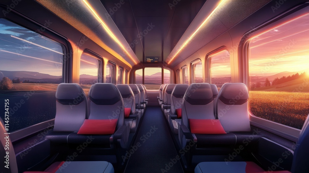The inner carriage of the train with comfortable seats and a panoramic window through which the picturesque landscape is visible