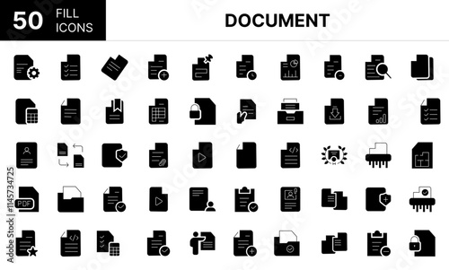 Collection of 50 Document fill icons featuring editable strokes. These outline icons depict various modes of Document, paper, file, line, form, contract, business, signs, 