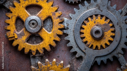 Rusty gears interlock, showing wear and time. Illustrates concepts of industry, teamwork, and aging machinery.