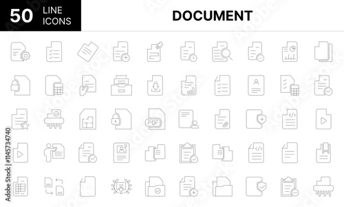Collection of 50 Document line icons featuring editable strokes. These outline icons depict various modes of Document, paper, file, line, form, contract, business, signs, 