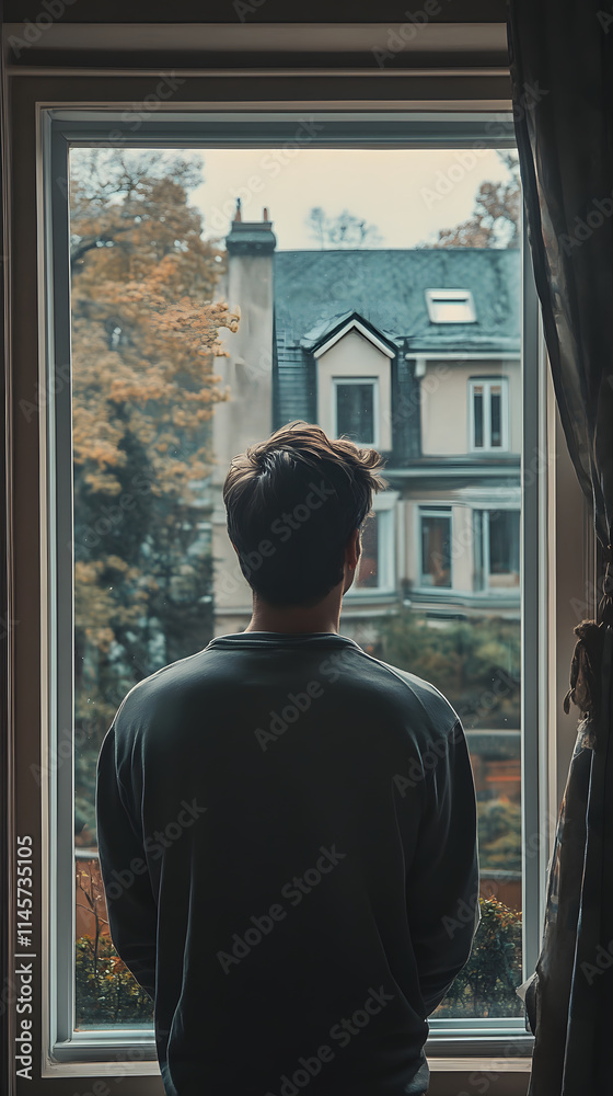 Fototapeta premium Person Viewing Residential Street Through Window