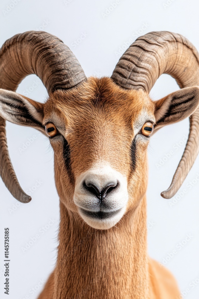 Close-up of a ram with prominent curved horns against a plain background. Close-up of a ram with prominent curved horns against a plain background.