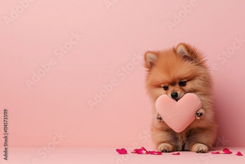 Pomeranian puppy holding heart plush valentine's day cute photo photo