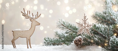 Festive Christmas backdrop featuring a wooden deer, snowflakes, and a serene snowy landscape for card designs and seasonal decorations