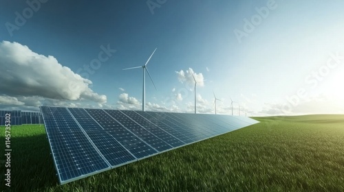 Wind turbines and solar panels on a background of blue sky and green fields symbolizing the use of renewable energy sources