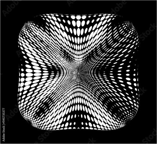 Rounded pulsating square of white halftone polka dots. Selection of the right sector for copying text. Black background - as an example. Vector. For logo, trademark, brand.