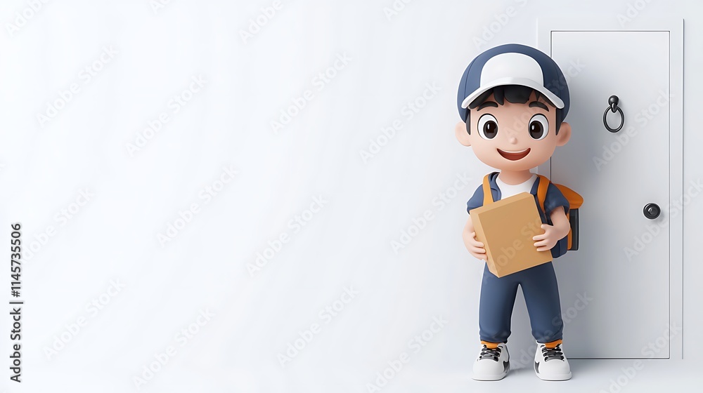 Happy Delivery Boy Cartoon 3D Render Package Door Happy Delivery Boy Cartoon 3D Render Package Door