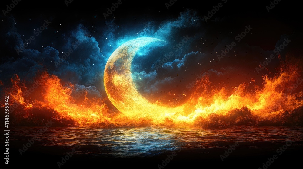 Fototapeta premium Vibrant abstract representation of sun and moon in fiery colors against a dark background with water reflections and dramatic cloud formations.