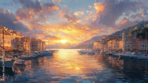 Serene sunset over a tranquil harbor reflecting colorful clouds and boats along a picturesque coastline.