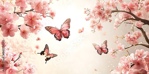 3D wallpaper with a pink flower background and butterflies flying, a spring flower landscape mural design. - on white background No noise neat and clean high quality hyper-realistic photo