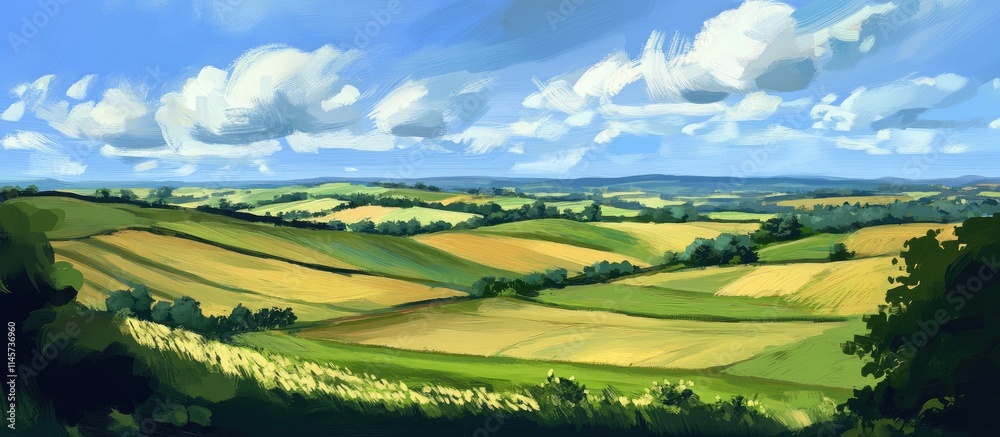 Fototapeta premium Panoramic view of vibrant crop fields under a blue sky with fluffy clouds showcasing agricultural beauty and rural landscape tranquility