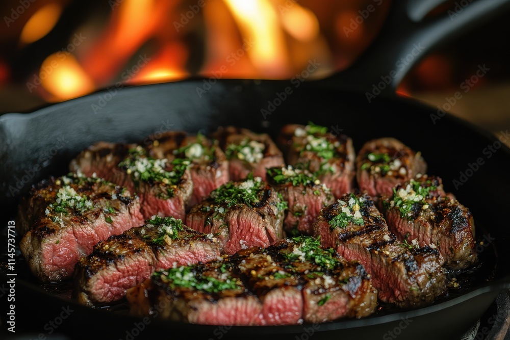 Juicy grilled steaks in cast iron pan, seasoned with herbs. Perfect for menus, articles about grilling, or restaurant websites. Juicy grilled steaks in cast iron pan, seasoned with herbs. Perfect for menus, articles about grilling, or restaurant websites.
