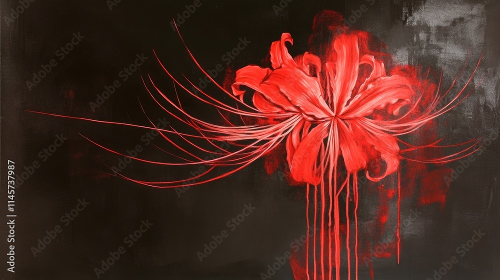Vibrant abstract painting of a pigmented spider lily on a dramatic dark background showcasing bold red hues and fluid brushstrokes. Vibrant abstract painting of a pigmented spider lily on a dramatic dark background showcasing bold red hues and fluid brushstrokes.