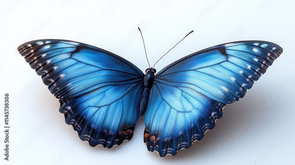Vibrant Blue Butterfly in Mid-Flight Displaying Delicate Details Against a Bright White Background Vibrant Blue Butterfly in Mid-Flight Displaying Delicate Details Against a Bright White Background