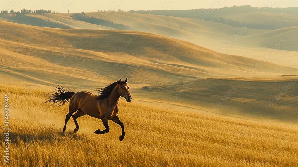 A horse gallops across a golden field with rolling hills in the background during sunset. A horse gallops across a golden field with rolling hills in the background during sunset.