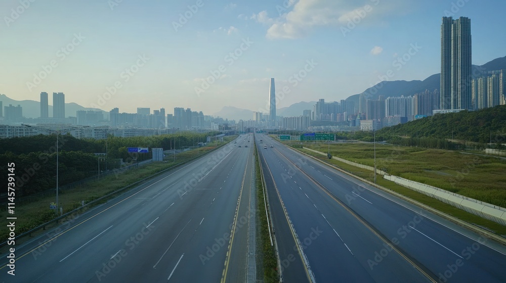 Highway towards the City Skyline at Dawn Highway towards the City Skyline at Dawn